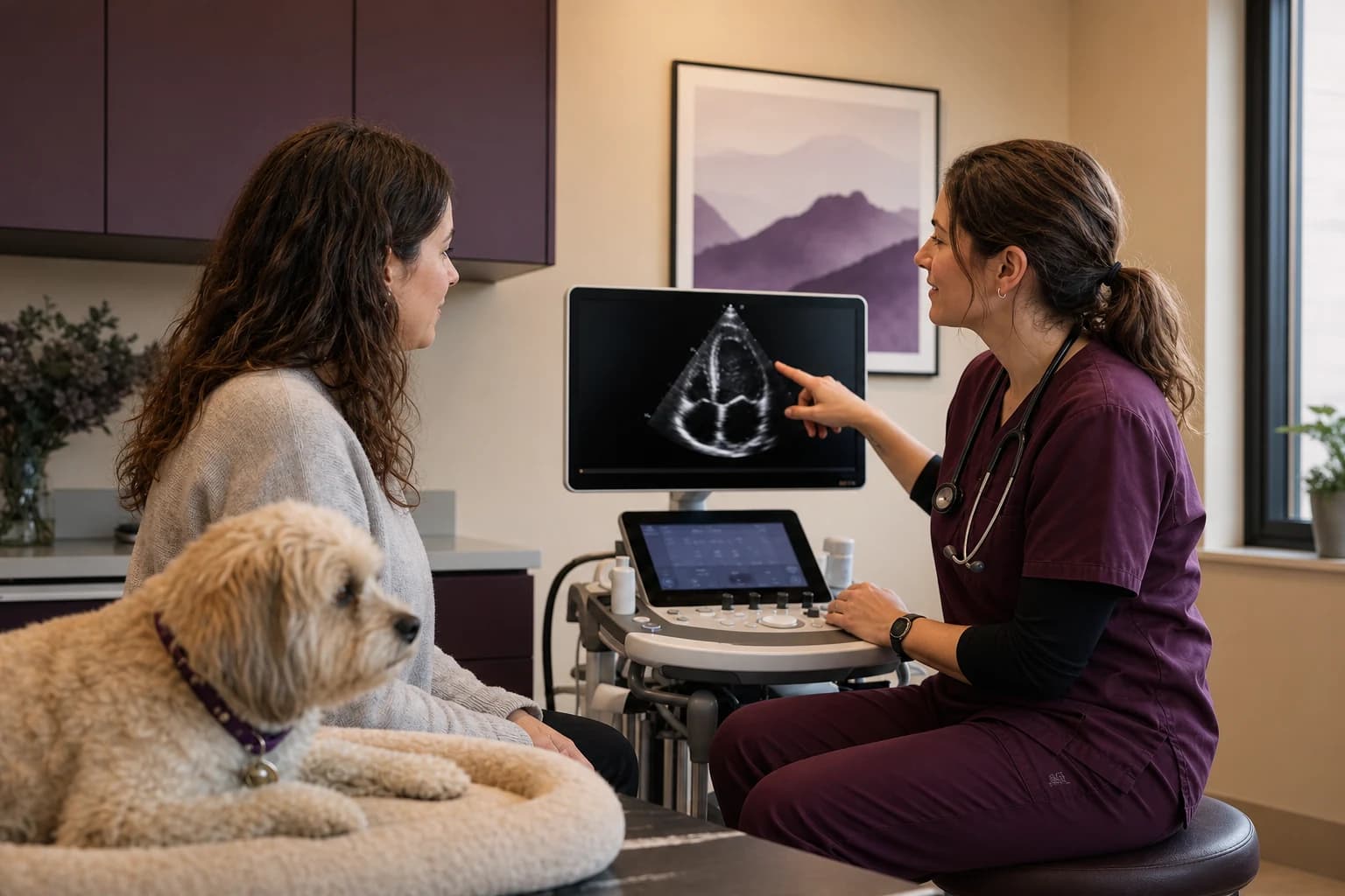 Veterinary cardiology consultation with a pet family